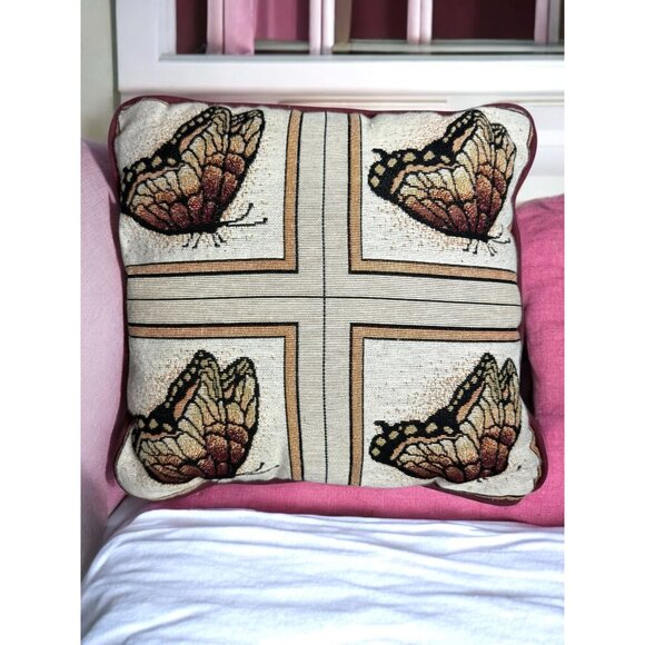 Butterfly Tapestry Throw Pillow With Burgundy Backing Square Accent Cushion - Picture 1 of 4